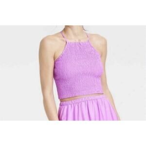 NWOT A New Day Purple Crinkle Smocked Elastic Halter Cropped Tank Top Size 2XL